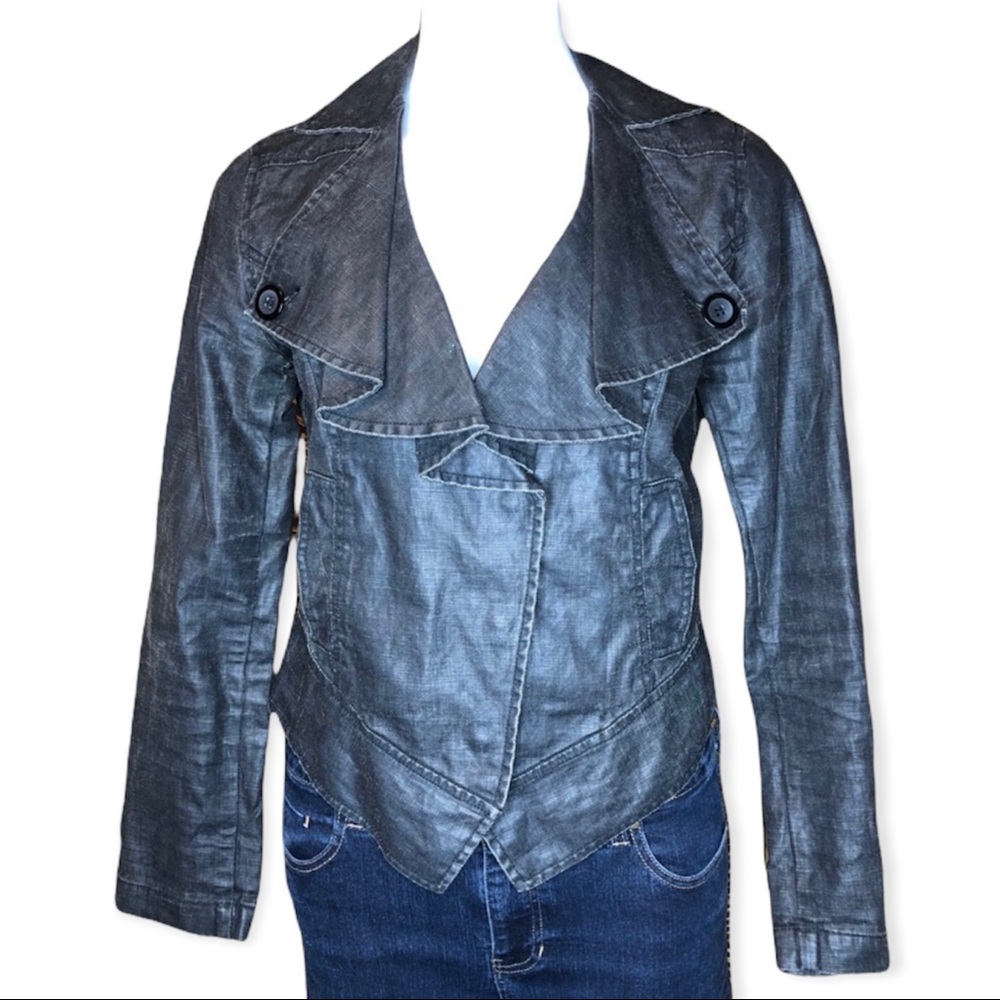 CABI 901 Waxed Linen Moto Jacket Black Gray Small